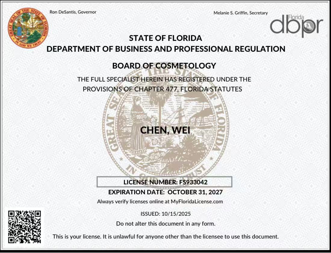 Florida Full Specialist license card for wei, FS933042