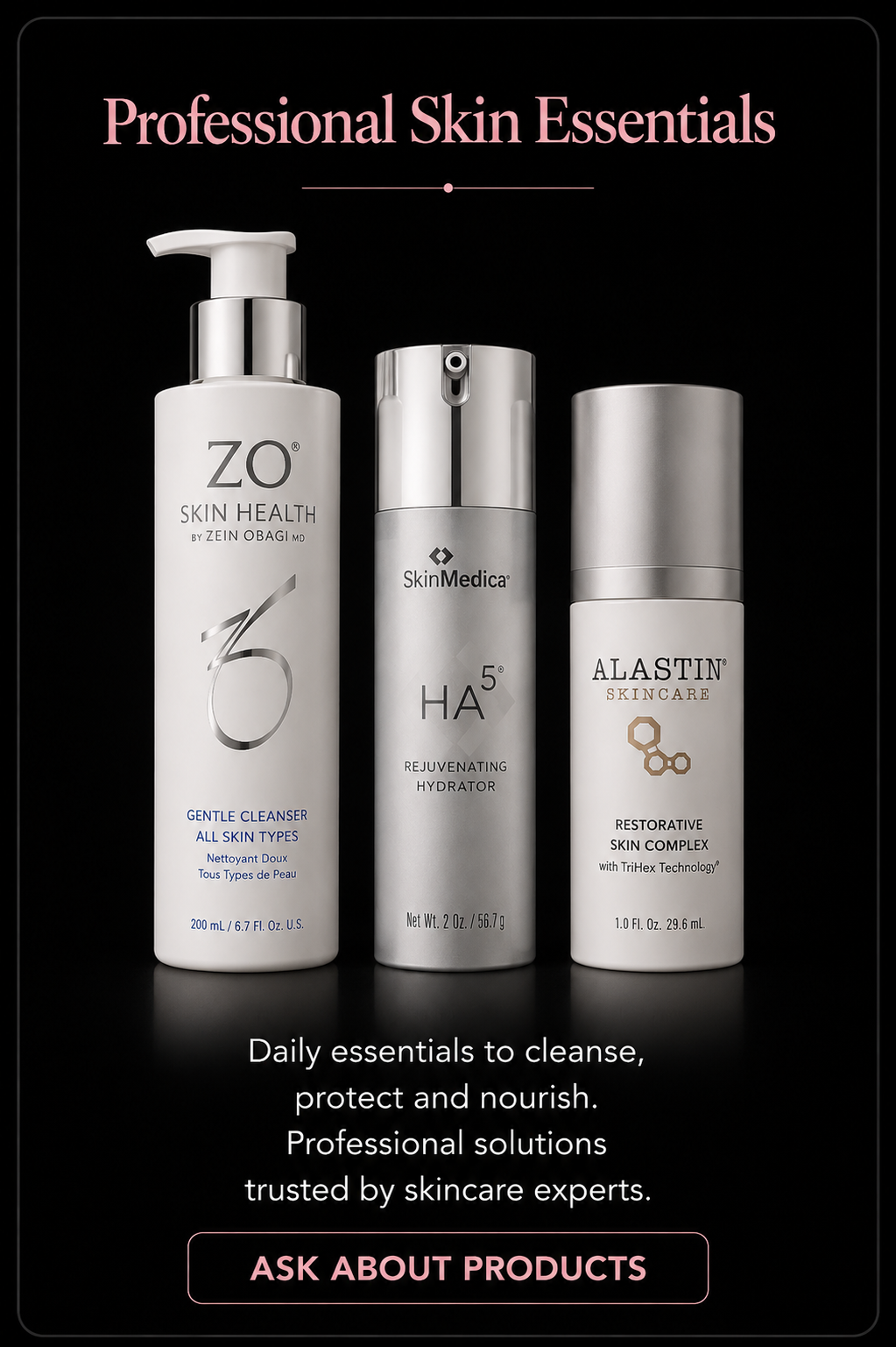 Skin essentials product bottles