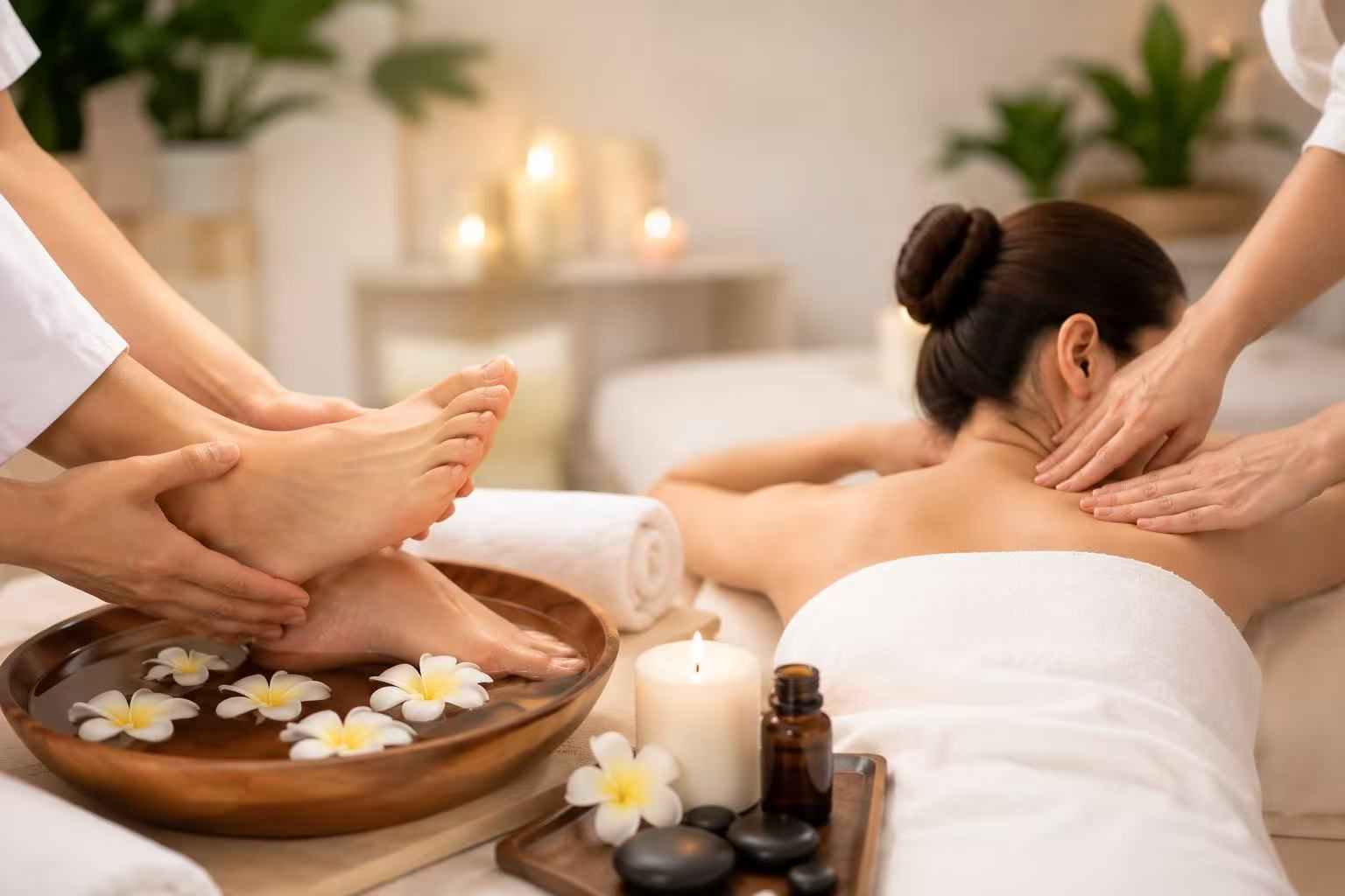 Foot care treatment with spa flower